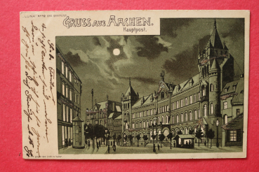 Postcard hold against light LUNA PC Aachen 1901 Mail Office Moonlight Litho Town architecture NRW